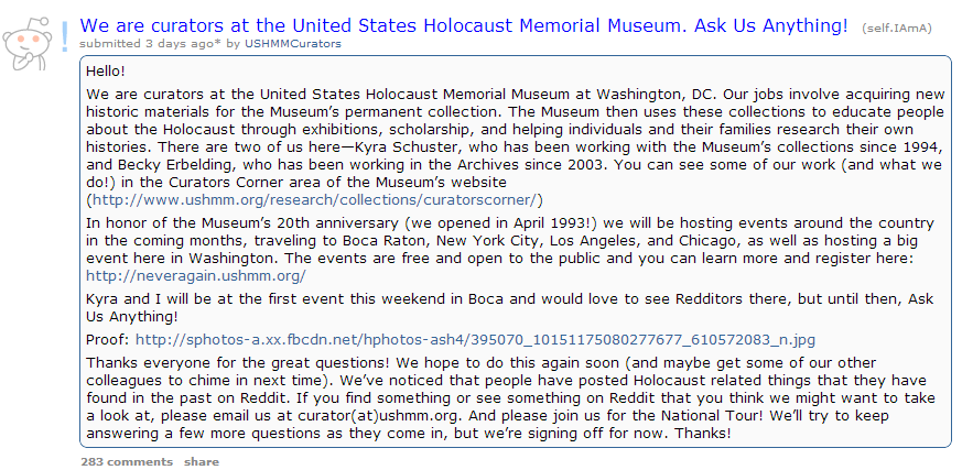 Holocaust Museum to Reddit: Ask Me Anything Holocaust Museum to Reddit: Ask Me Anything