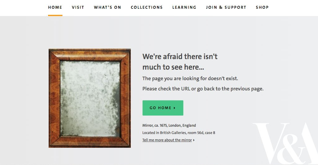 V&A 404 page features a blurry mirror